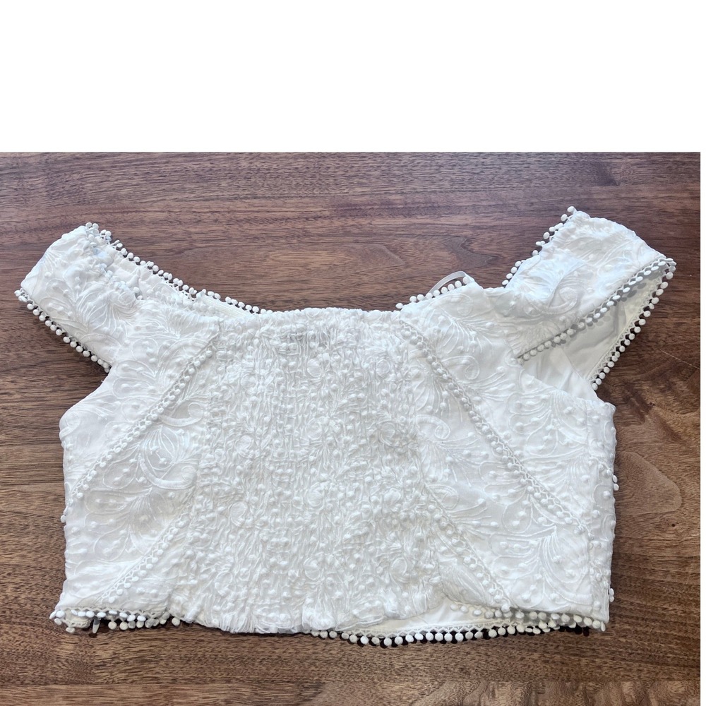 DO+BE White Off Shoulder Floral Embroidered Pom Pom Trim Smocked Crop Top NEW